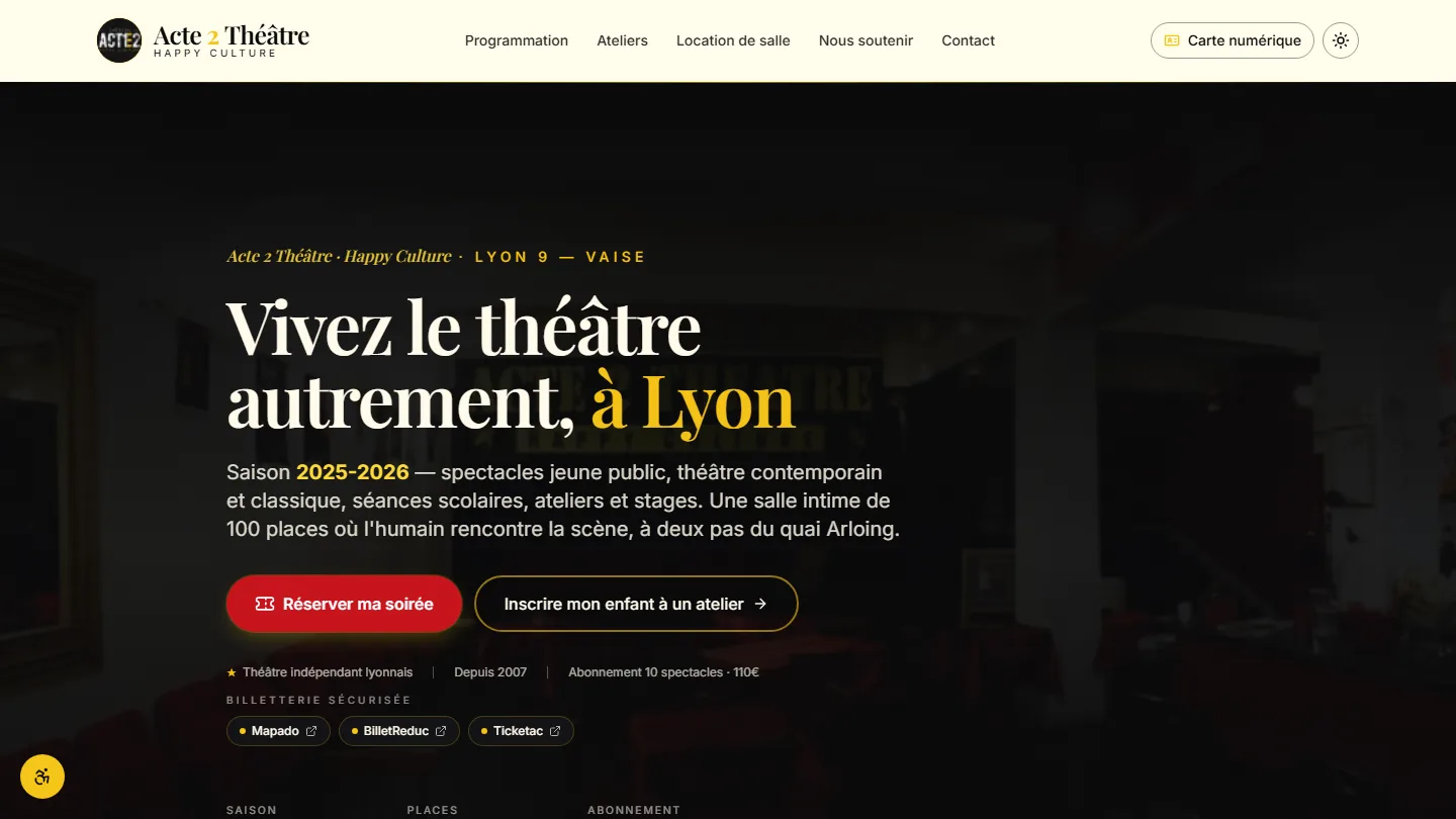 Acte 2 Théâtre — Culture & Spectacle vivant — site internet créé par Kayzen Web, agence web à Lyon spécialisée en création de sites et SEO