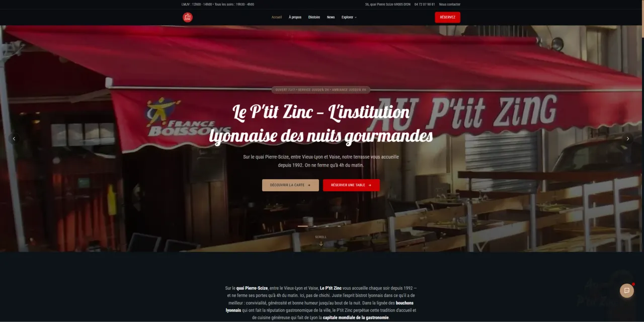 Page d'accueil du site Au P'tit Zinc — Restauration & Vie nocturne, réalisé par Kayzen Web