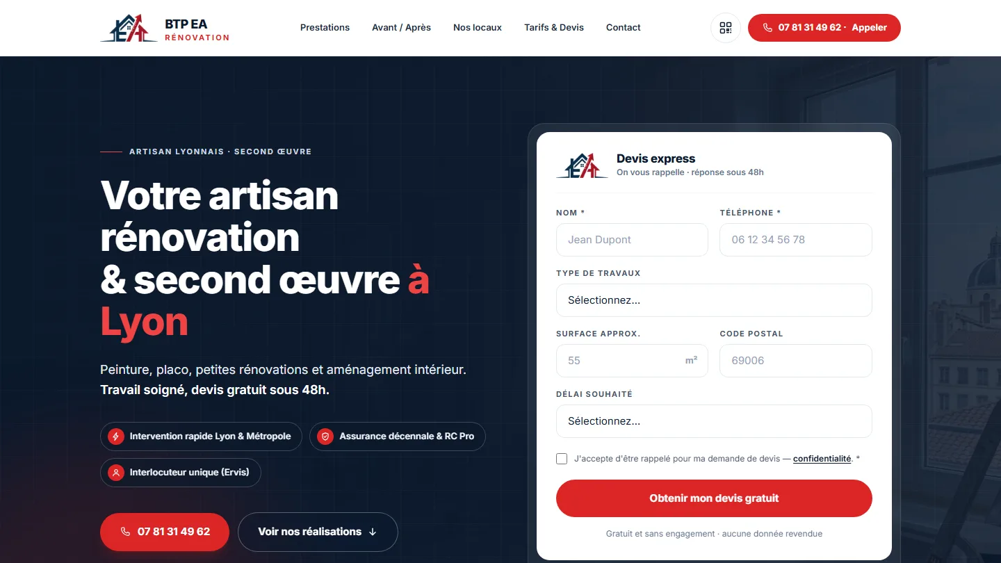 Site BTP EA Rénovation — Artisanat & Bâtiment, réalisé par Kayzen Web
