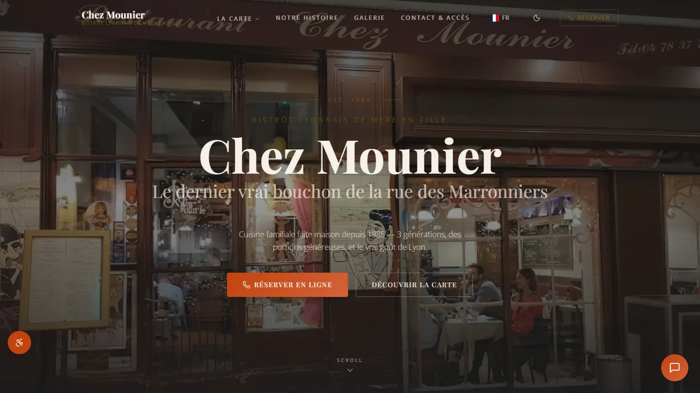 Chez Mounier — Restauration & Bouchon lyonnais — site internet créé par Kayzen Web, agence web à Lyon spécialisée en création de sites et SEO