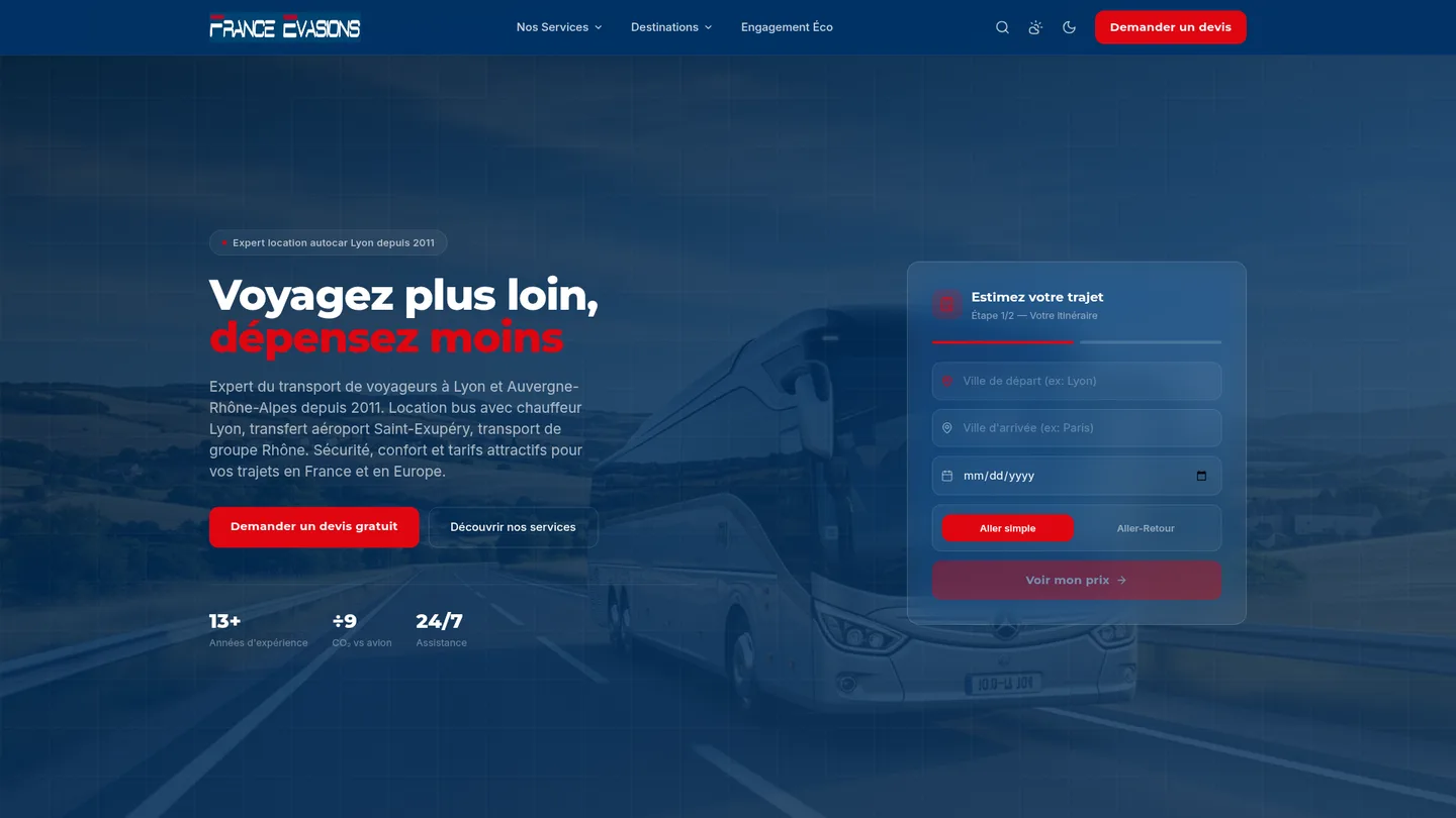 France Évasions — Transport & Tourisme — site internet créé par Kayzen Web, agence web à Lyon spécialisée en création de sites et SEO