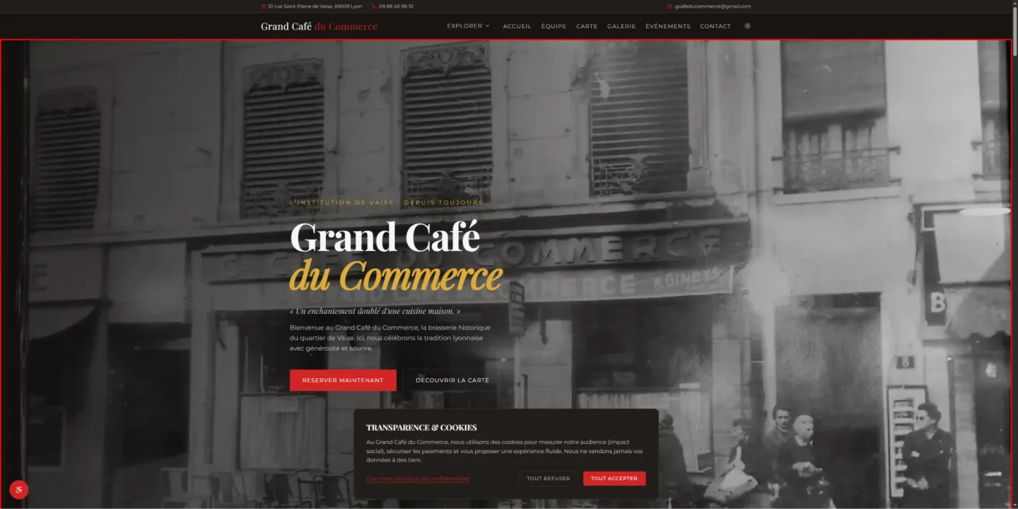 Grand Café du Commerce — Restauration & Brasserie — site internet créé par Kayzen Web, agence web à Lyon spécialisée en création de sites et SEO