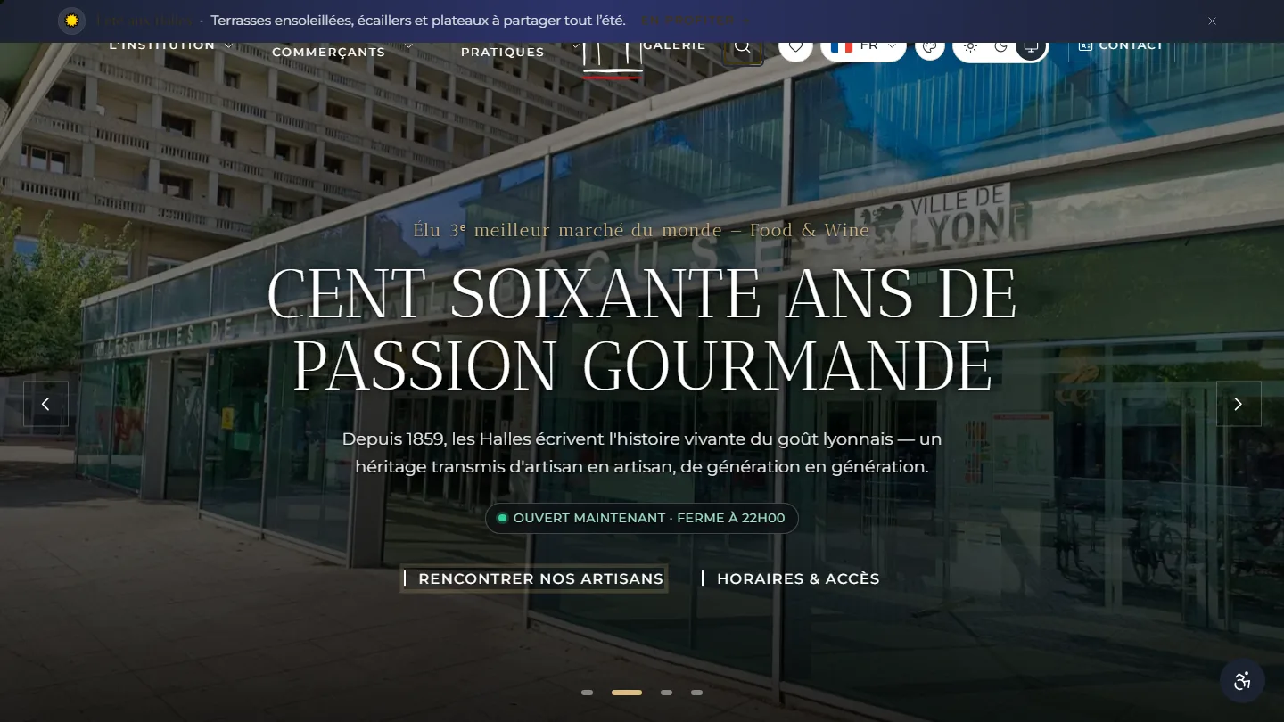 Les Halles de Lyon Paul Bocuse — Gastronomie & Patrimoine — site internet créé par Kayzen Web, agence web à Lyon spécialisée en création de sites et SEO