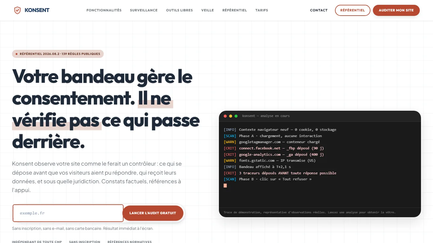 Page d'accueil du site Konsent by Kayzen — Conformité RGPD & SaaS, réalisé par Kayzen Web