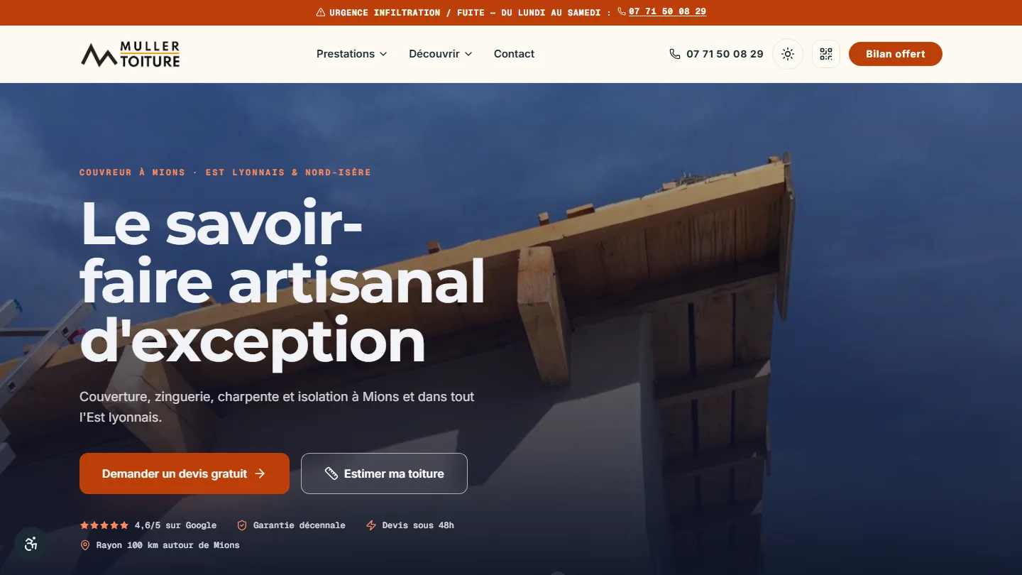 Muller Toiture — Bâtiment & Couverture — site internet créé par Kayzen Web, agence web à Lyon spécialisée en création de sites et SEO