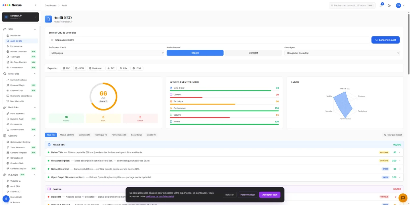Nexus SEO — SaaS & Outil SEO — site internet créé par Kayzen Web, agence web à Lyon spécialisée en création de sites et SEO