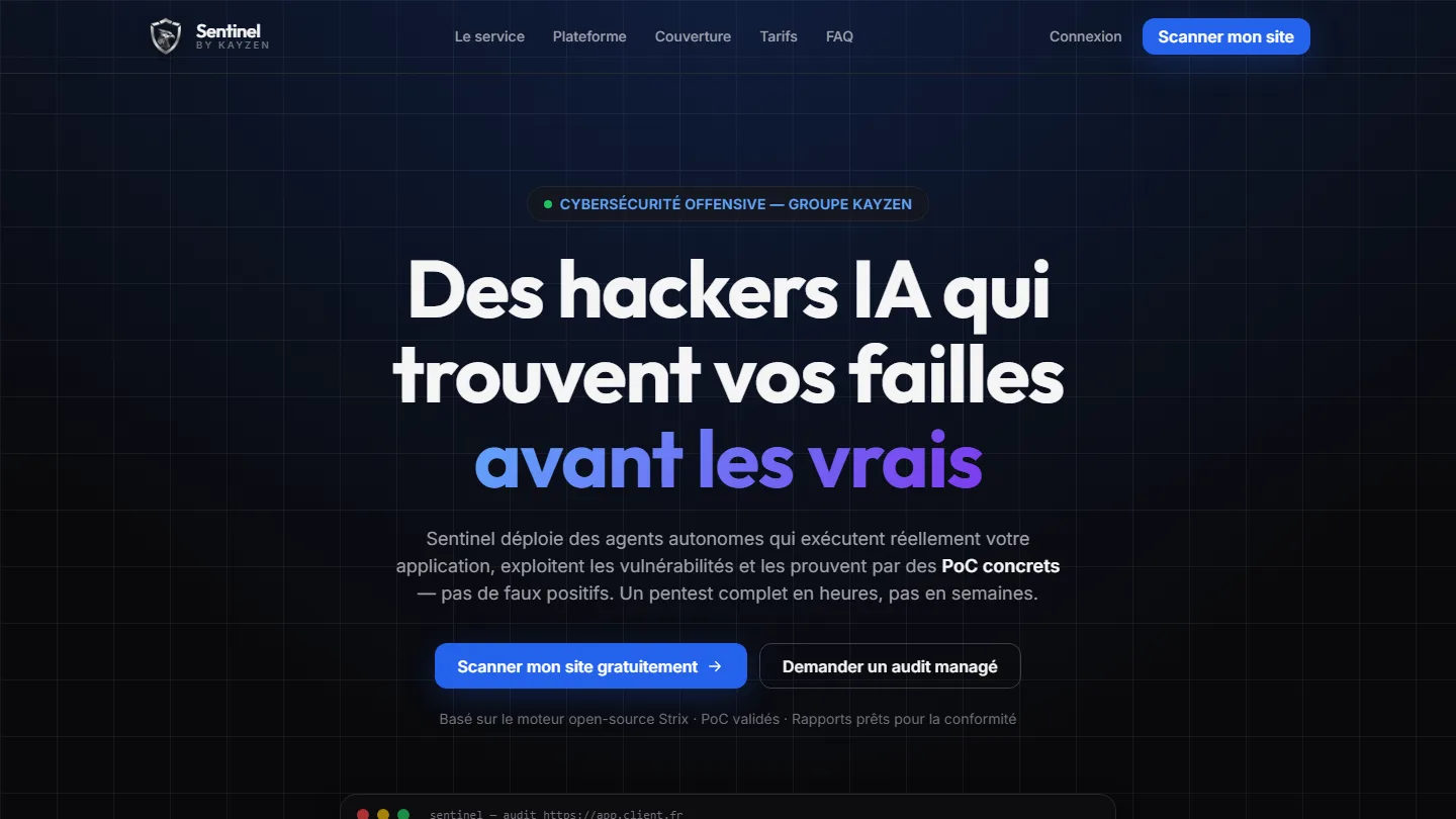 Sentinel by Kayzen — Cybersécurité offensive & SaaS — site internet créé par Kayzen Web, agence web à Lyon spécialisée en création de sites et SEO