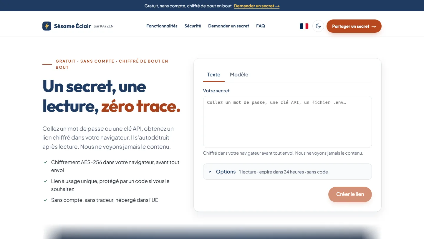 Page d'accueil du site Sésame Éclair — Cybersécurité & Application web, réalisé par KAYZEN
