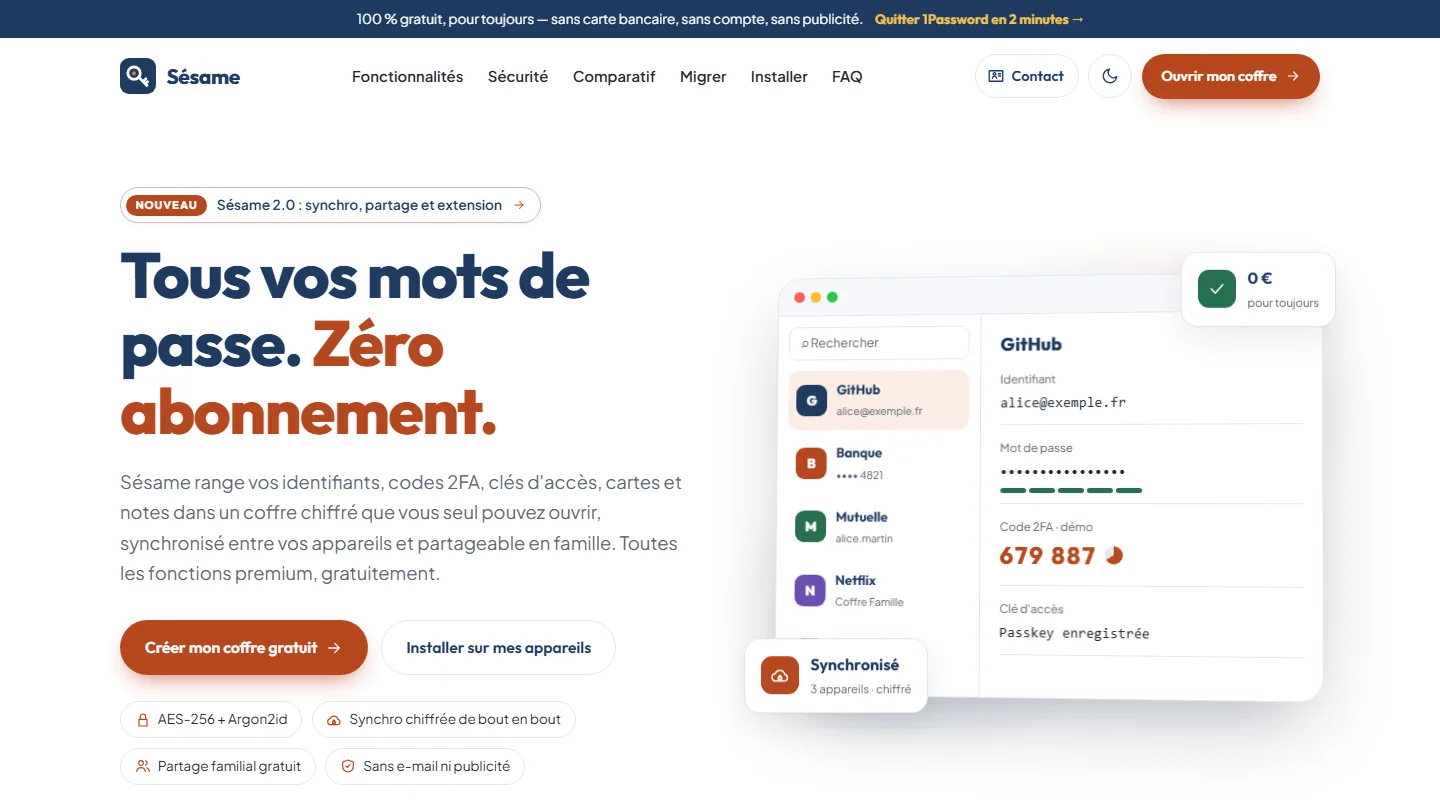 Page d'accueil du site Sésame — Cybersécurité & Application multiplateforme, réalisé par KAYZEN