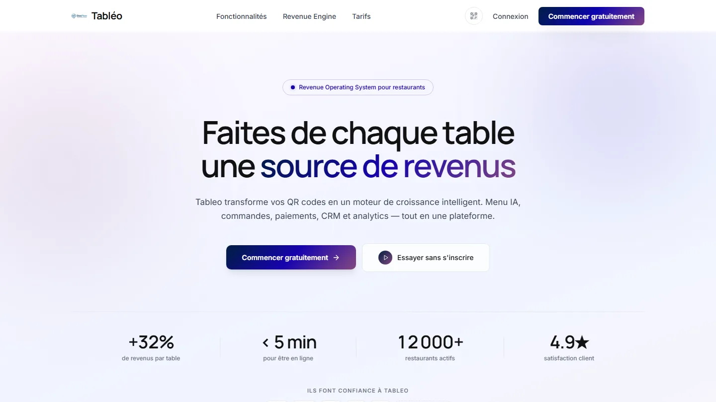 Page d'accueil du site Tableo — SaaS & Restauration, réalisé par Kayzen Web