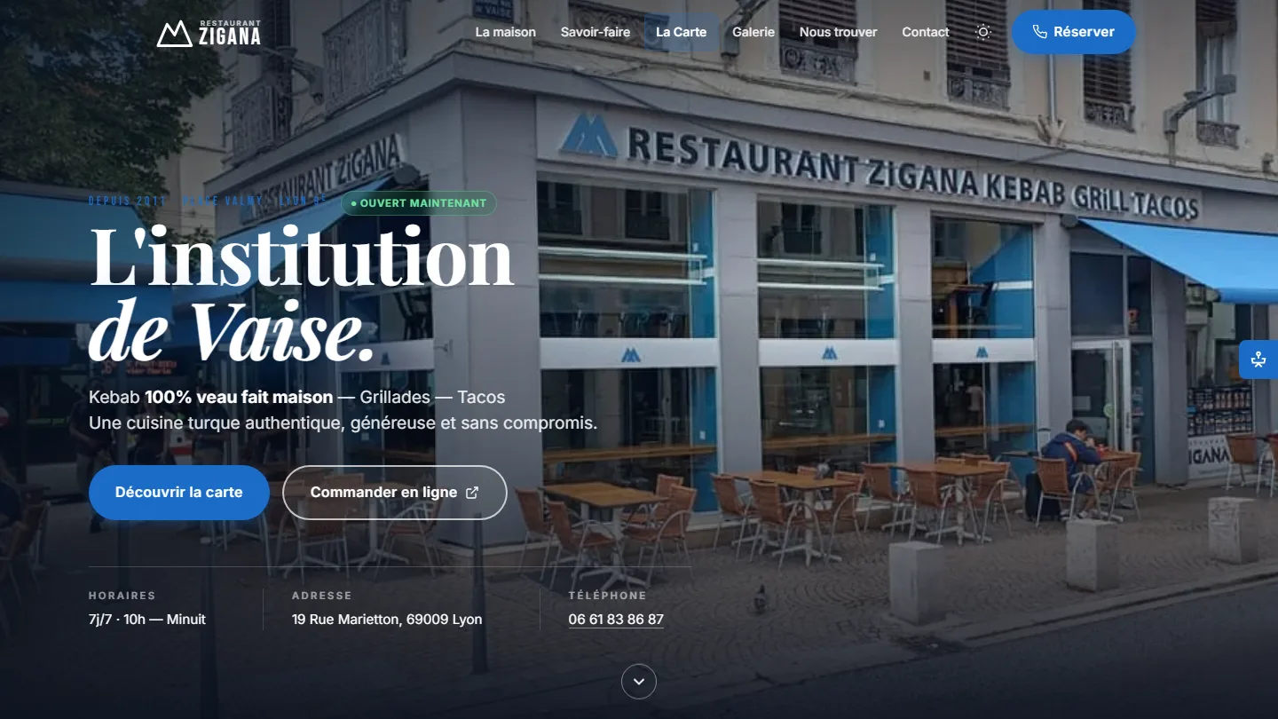 Restaurant Zigana — Restauration & Street Food — site internet créé par Kayzen Web, agence web à Lyon spécialisée en création de sites et SEO